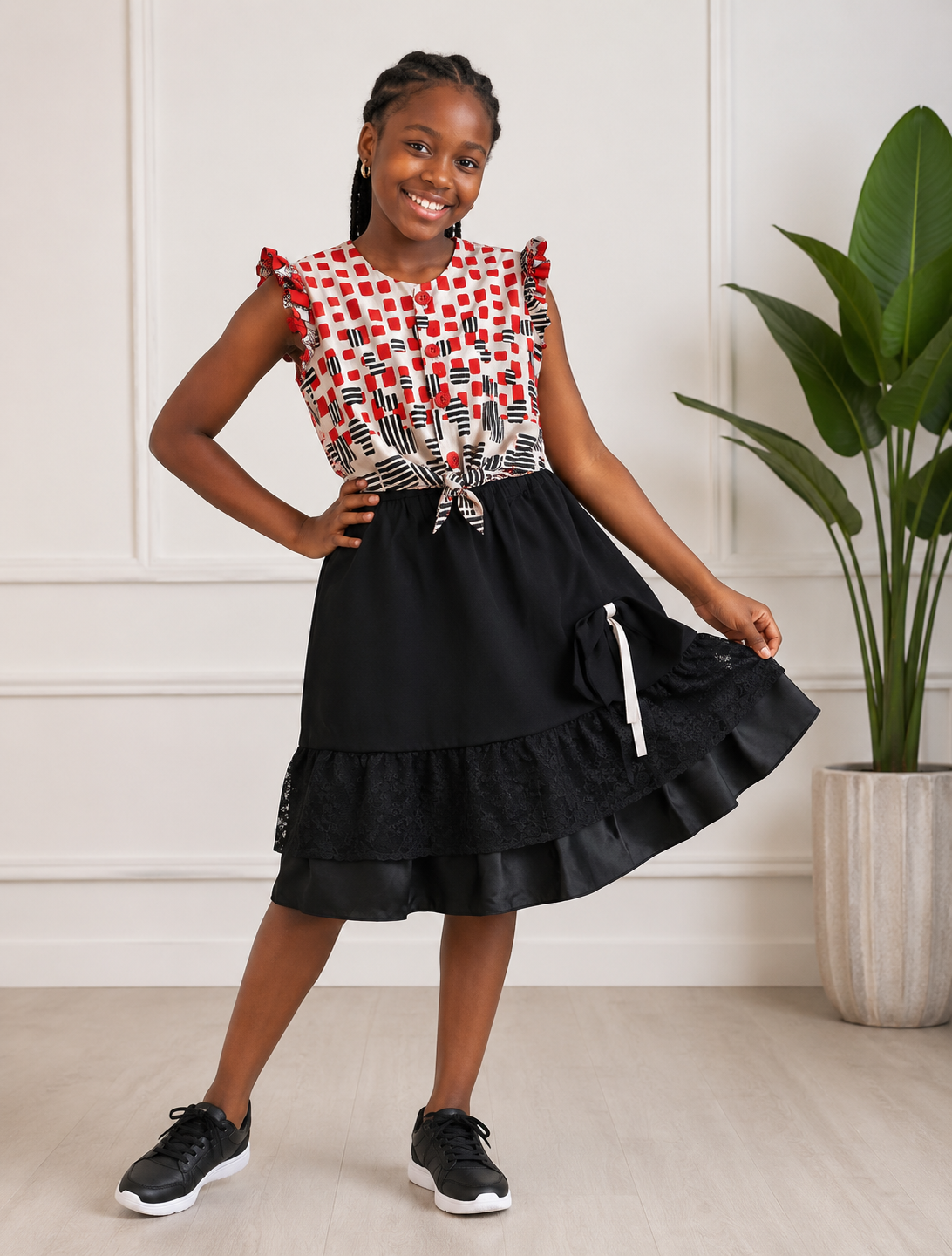 RUBY RHYTHM GEO TIE-FRONT FLUTTER TOP - MN319263GERW