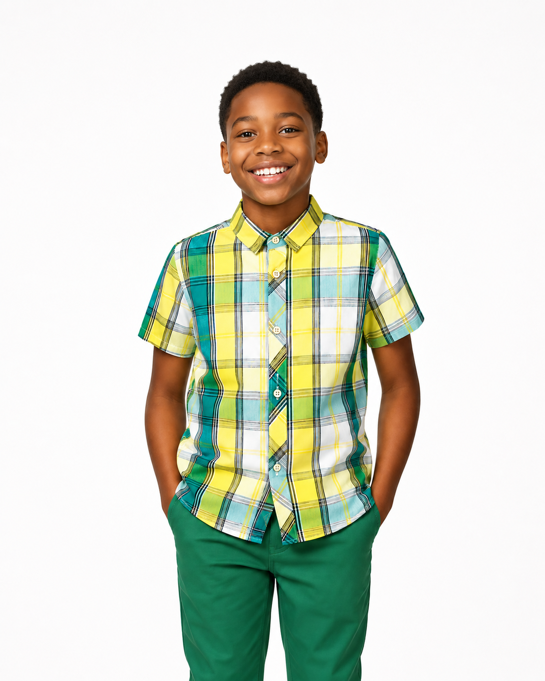 GREEN CHECK LEKS S/SL SHIRT MD69GRN 6-10YRS