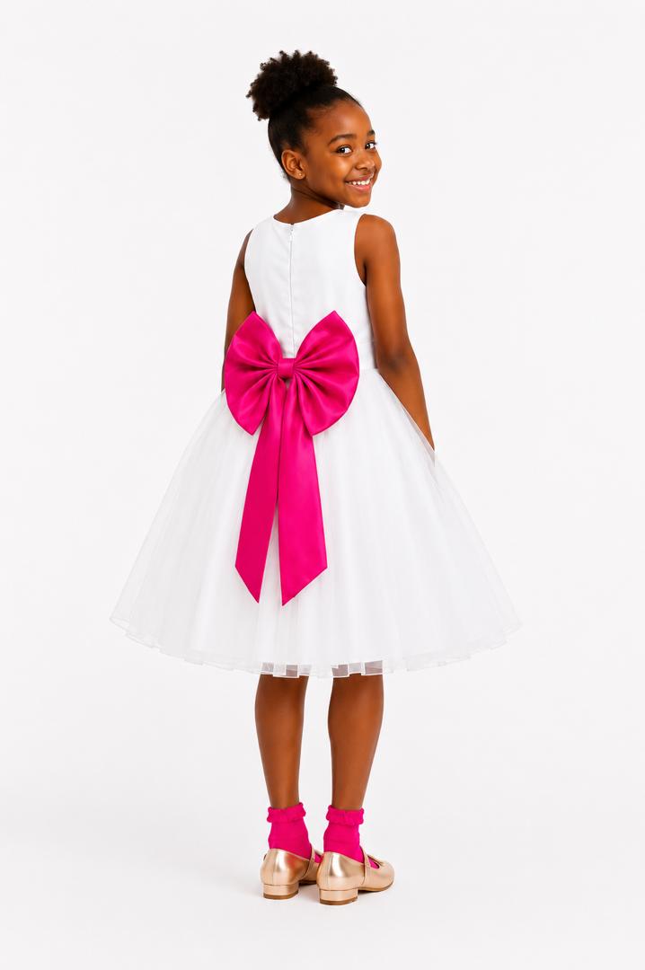 ELEGANT IVORY TULLE BALL GOWN / FUCHSIA PINK DOUBLE BOW - MD860FPNK