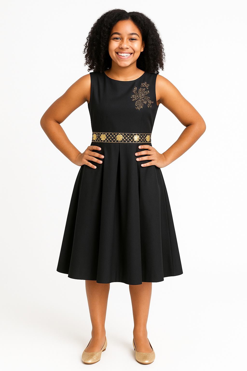 ANNA 2 BLACK PLEATED DRESS WITH GOLD ACCENTS - AB3172BLK