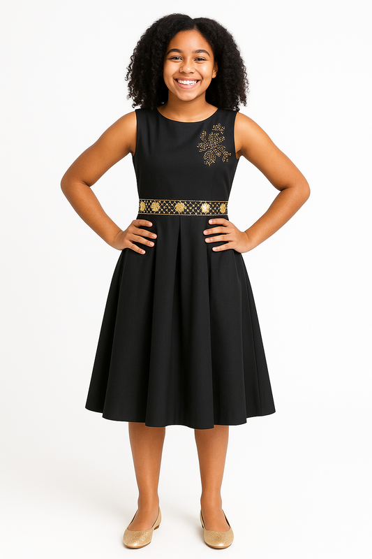 ANNA 2 BLACK PLEATED DRESS WITH GOLD ACCENTS - AB3172BLK