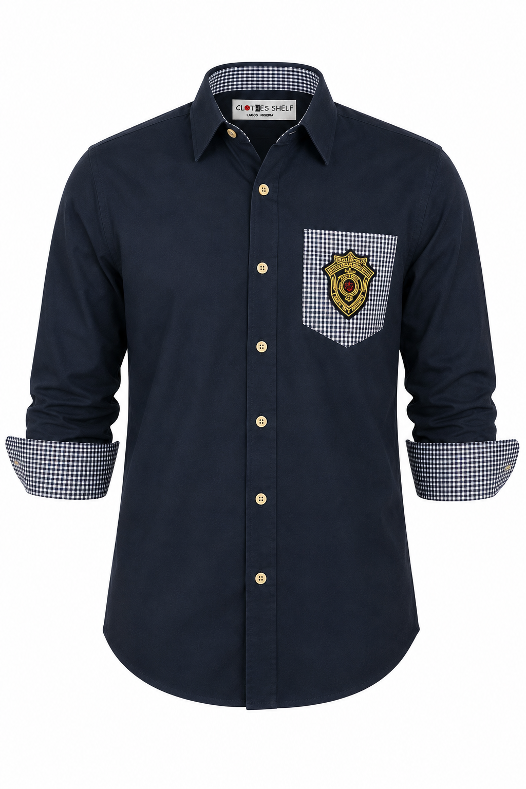 BLUE COLLINS BADGED LONG SLEEVE SHIRT - MN324NVY 10-16YR