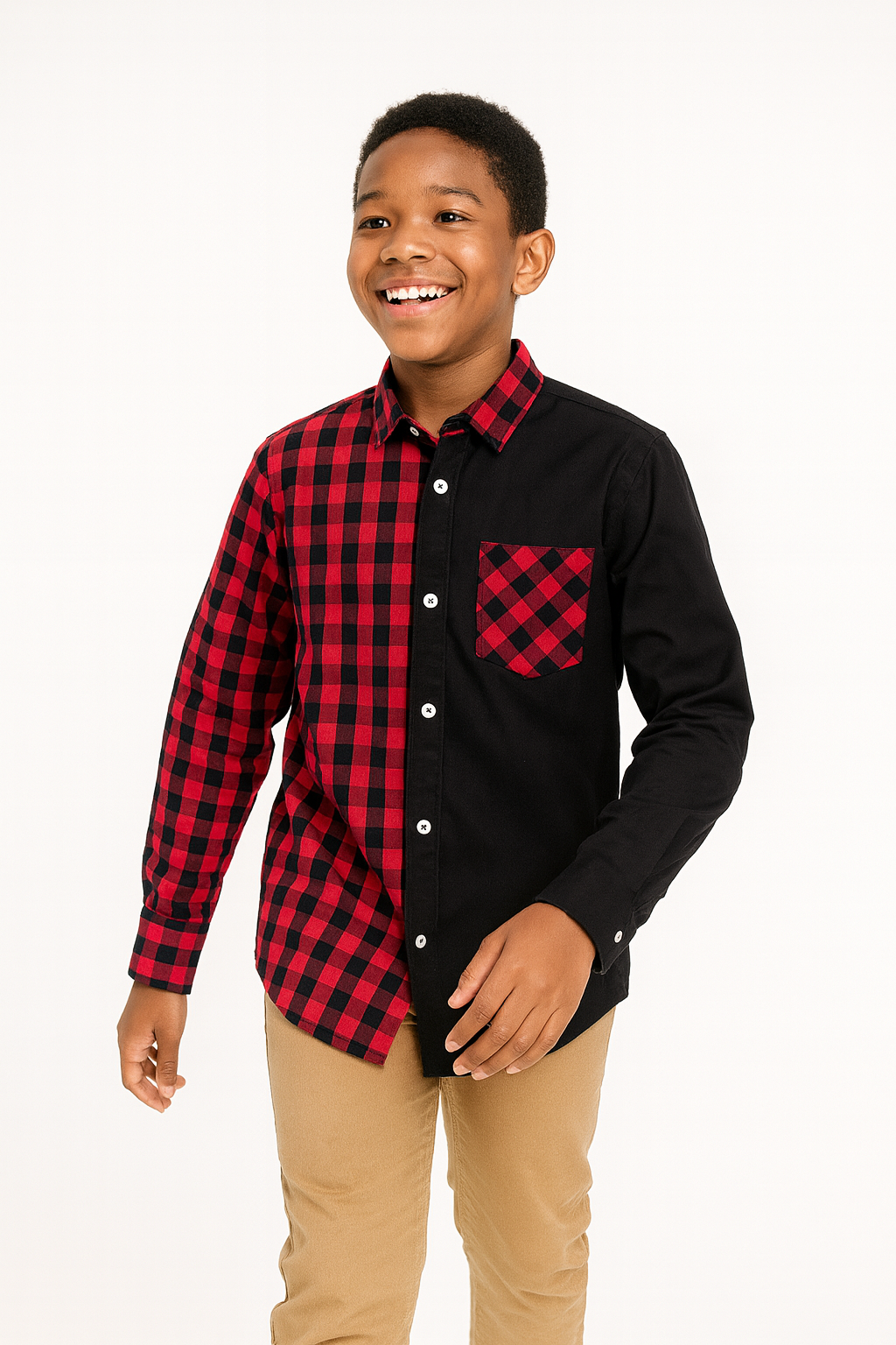 DUAL-TONE BOLD CEASER CHECK BOYS’ LONG SLEEVE SHIRT - MN32826255BLKRD 8YR -16YR
