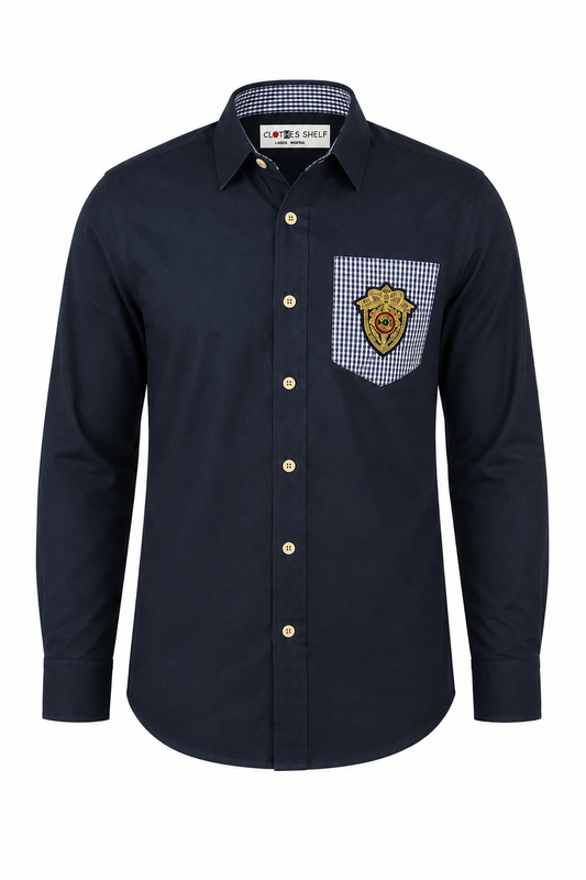BLUE COLLINS BADGED LONG SLEEVE SHIRT - MN324NVY 10-16YR