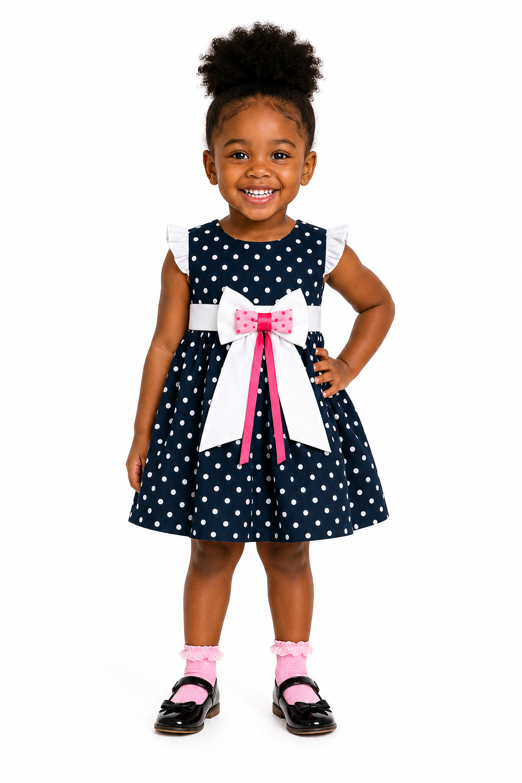 NAVY POLKA DOT BOW DRESS - ONL101NBL (6MTH-3YR)