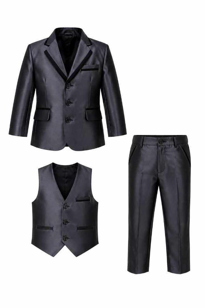 CHARCOAL GREY(SATIN TRIM) BOYS' 3PC SUIT - MD2000CHGRY  1-12 YRS