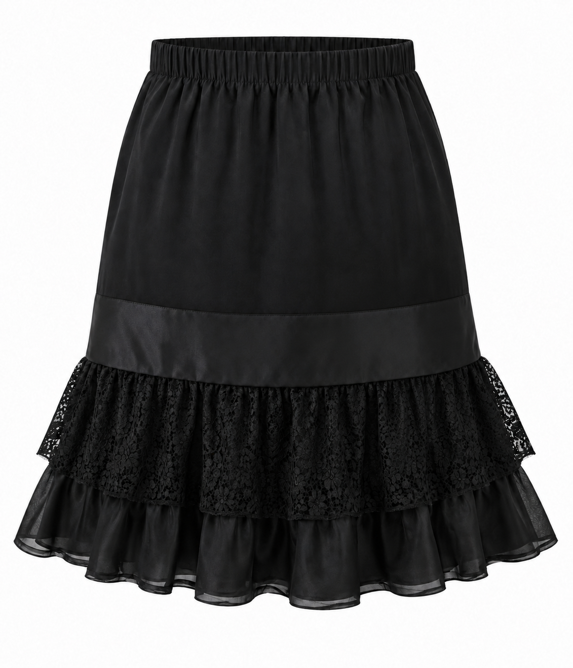 BLACK BELLE SATIN LACE & BOW MIDI SKIRT- C206258MBLK