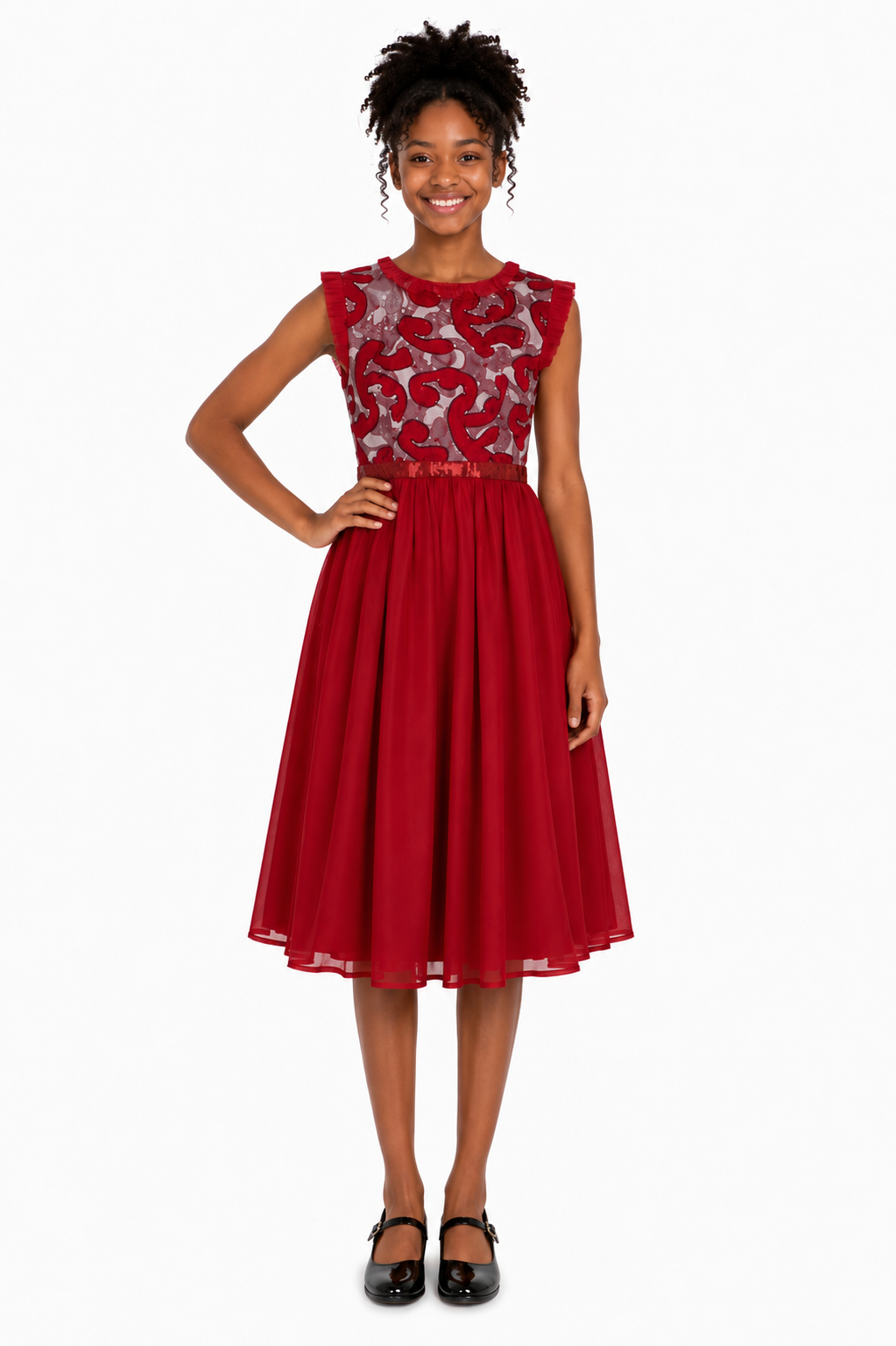 RED CARO OMA CHIFFON MIX DRESS- MN322RED 8-16YR