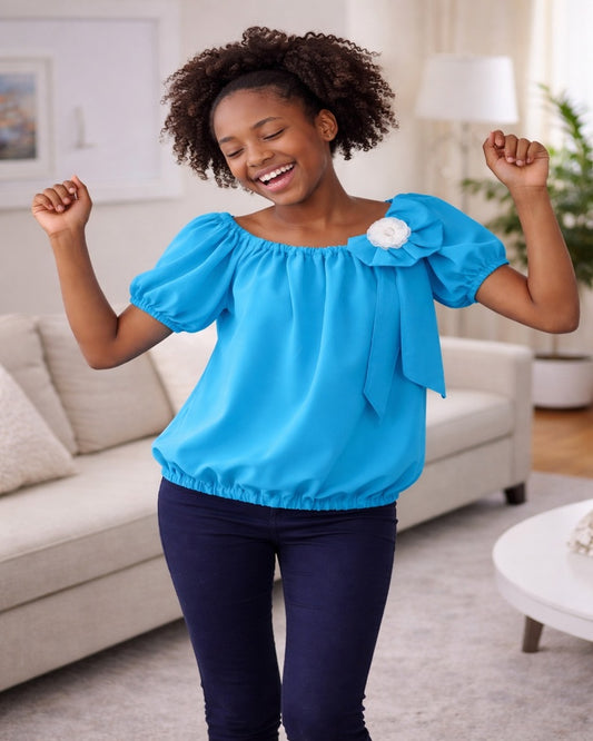 AQUA BLOOM OFF- SHOULDER BUBBLE TOP - MD13AQBLBB