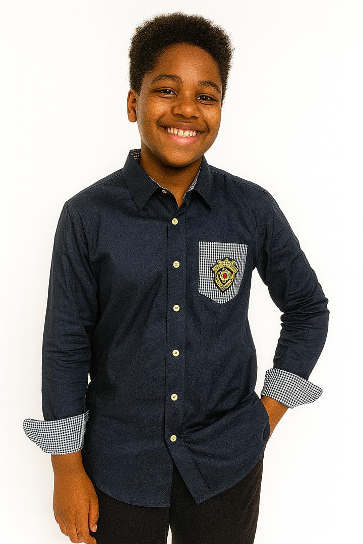 BLUE COLLINS BADGED LONG SLEEVE SHIRT - MN324NVY 10-16YR