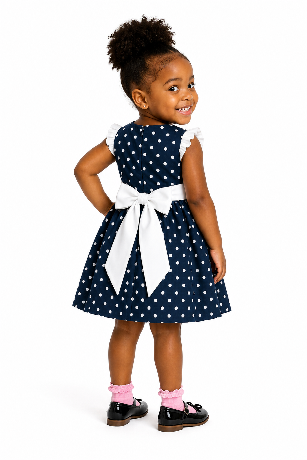 NAVY POLKA DOT BOW DRESS - ONL101NBL (6MTH-3YR)