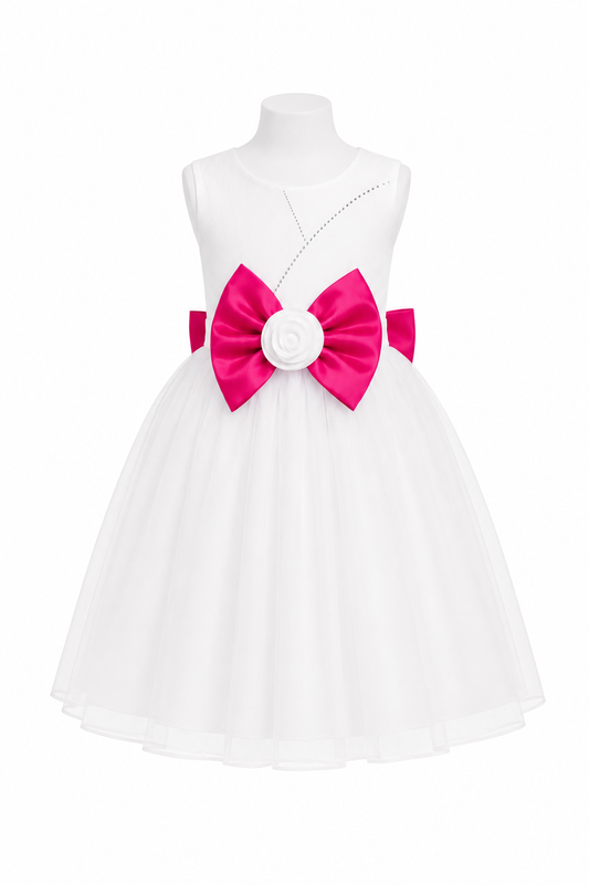 ELEGANT IVORY TULLE BALL GOWN / FUCHSIA PINK DOUBLE BOW - MD860FPNK