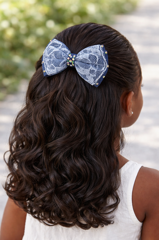BLUE DENIM BOW WHITE LACE OVERLAY 1 PC - HBCH102DN24292