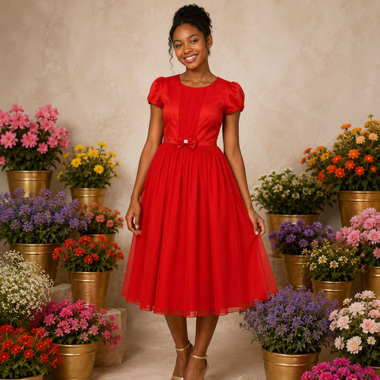 RED BOTEE SATIN & CHIFFON MIX PARTY DRESS - A814RED