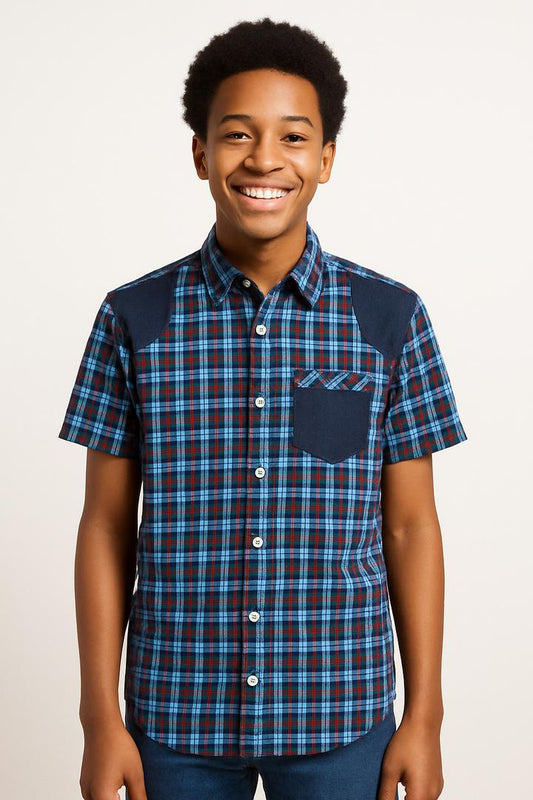 GENESIS BLUE CHECK SHORT SLEEVE SHIRT (12 - 16 YRS)  MN330BLU
