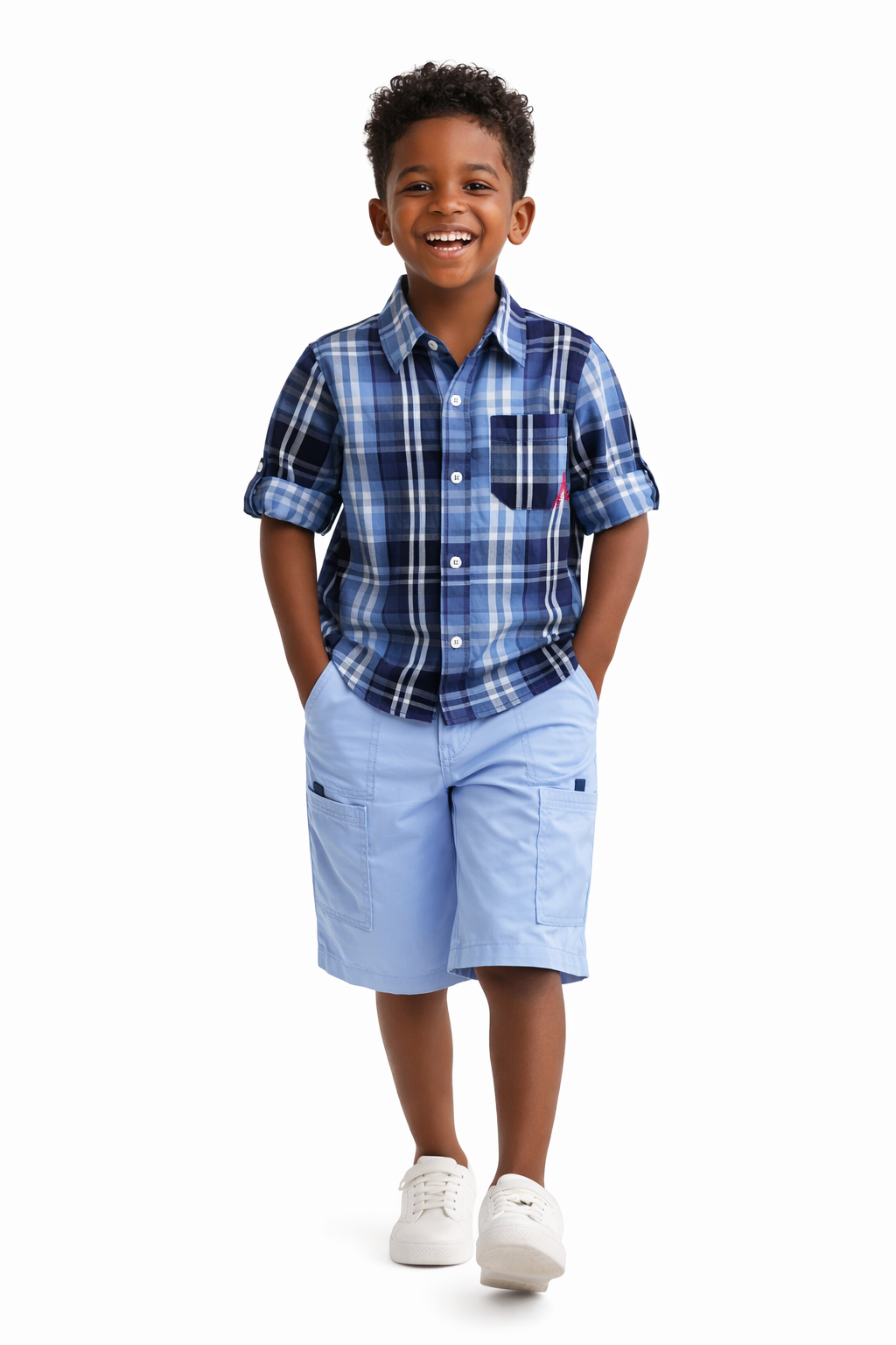 SOFT SKY BLUE CARGO SHORTS WITH NAVY BLUE ACCENT TABS (8 - 14 YRS) - MNSH101SKBL