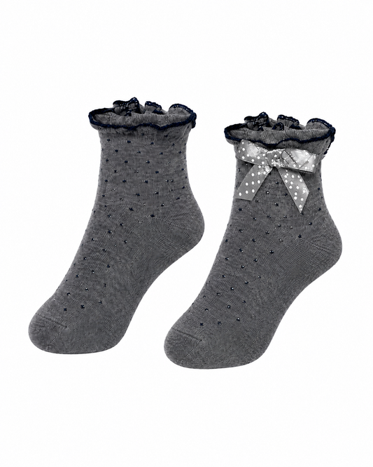 GREY FRILLY BOW SOCKS - MS019GRYPLK
