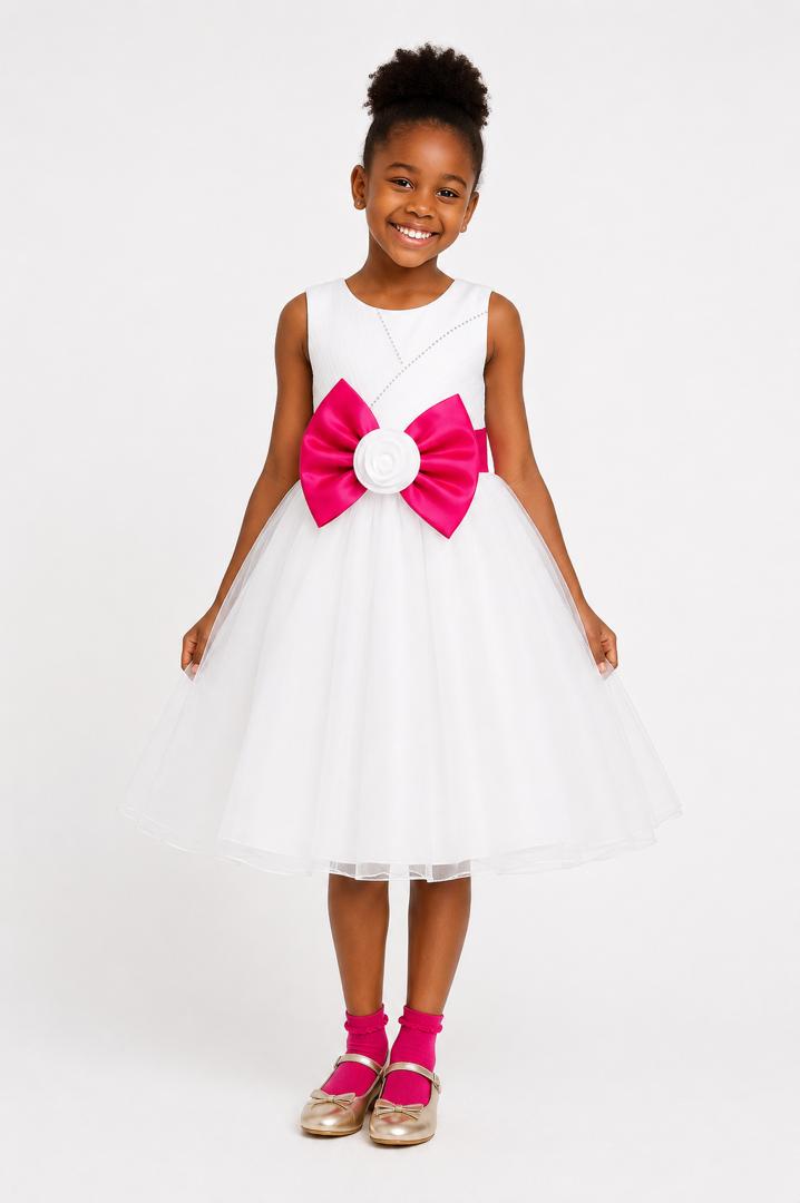 ELEGANT IVORY TULLE BALL GOWN / FUCHSIA PINK DOUBLE BOW - MD860FPNK