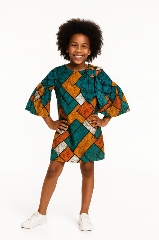 AFUSA TEAL MIX OMA SHIFT DRESS A184 8-12YRS