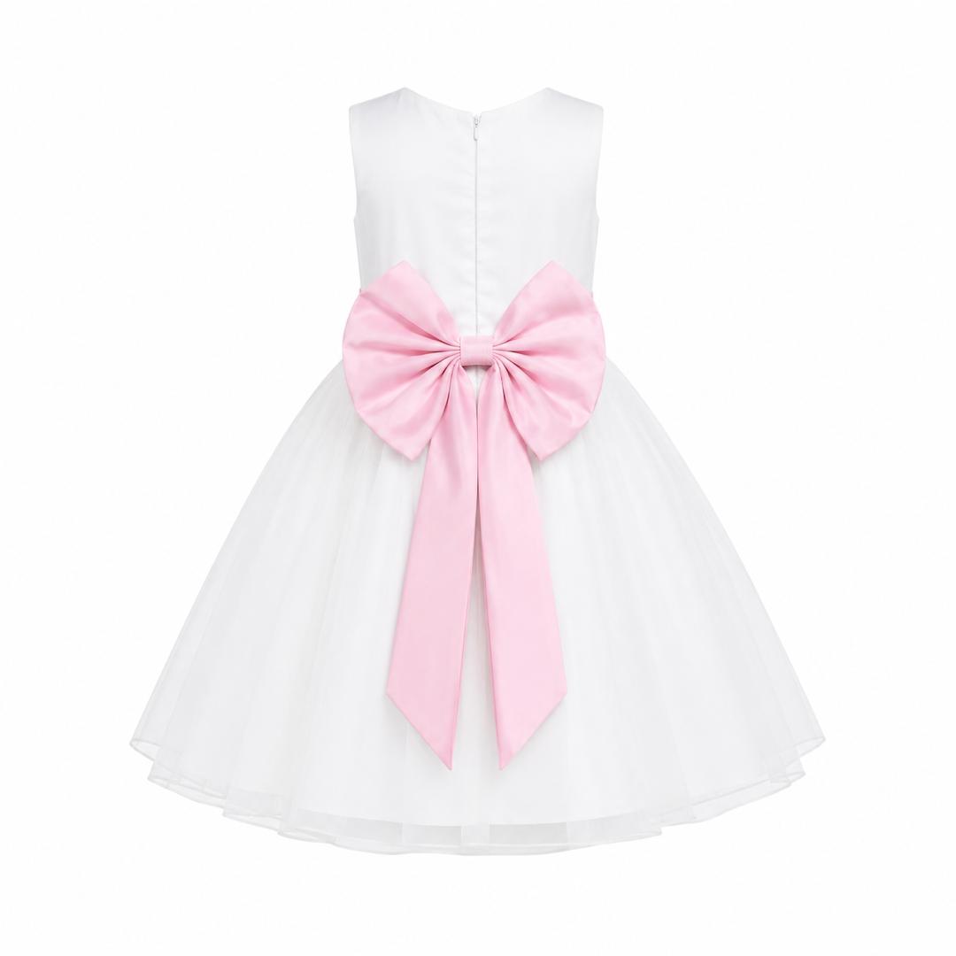 ELEGANT IVORY TULLE BALL GOWN / LIGHT PINK DOUBLE BOW - MD860LPNK