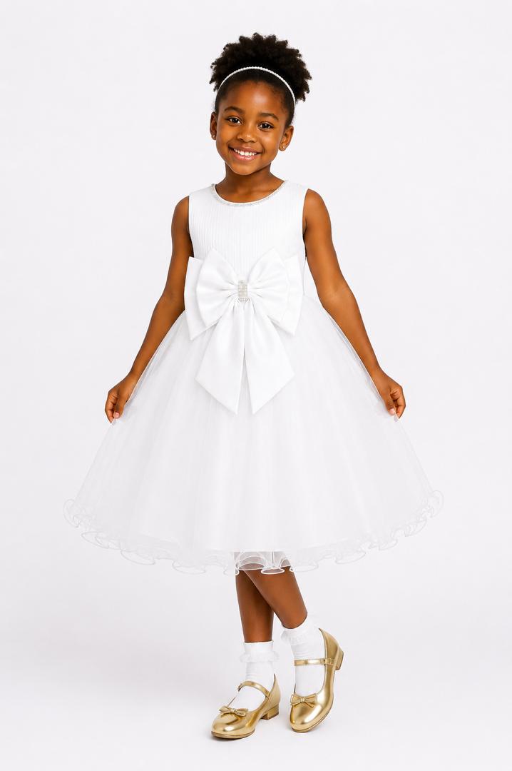 WHITE PRINCESS DOUBLE BOW DRESS - MD859WHT