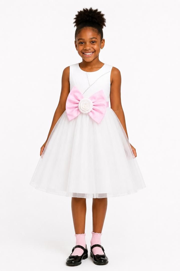ELEGANT IVORY TULLE BALL GOWN / LIGHT PINK DOUBLE BOW - MD860LPNK