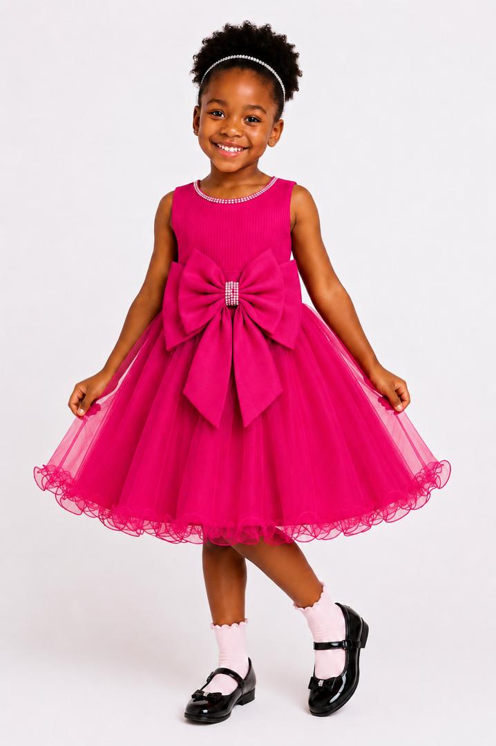 RICH FUCHSIA PINK PRINCESS DOUBLE BOW DRESS - MD859FPNK