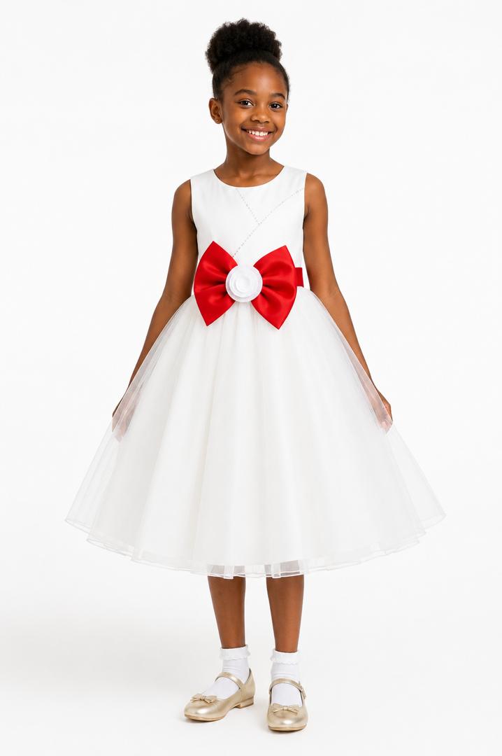 ELEGANT IVORY TULLE BALL GOWN/ RED DOUBLE BOW - MD860RED