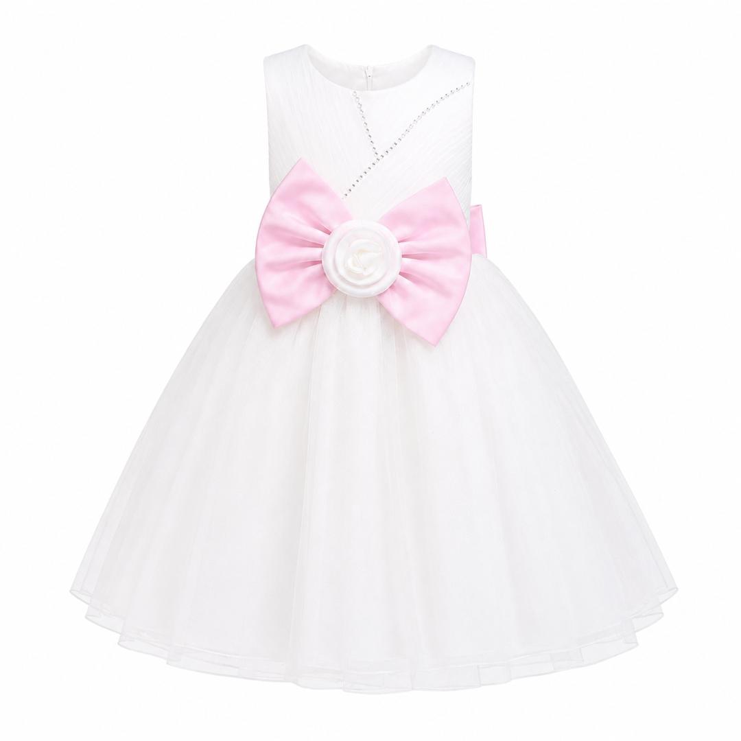 ELEGANT IVORY TULLE BALL GOWN / LIGHT PINK DOUBLE BOW - MD860LPNK