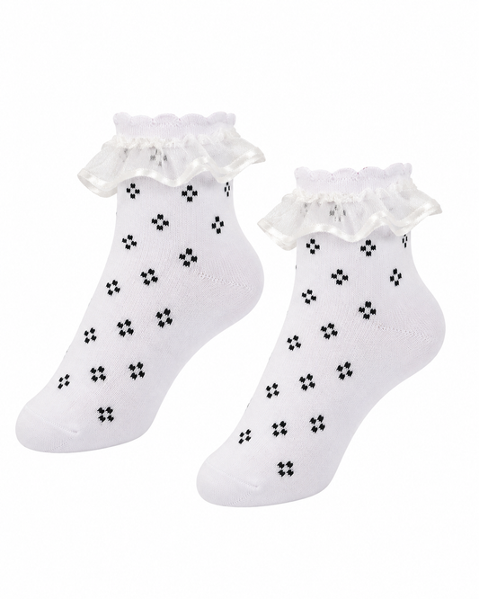 WHITE WITH BLACK DAISY DOT PATTERNED SOCKS - C808WHTDT